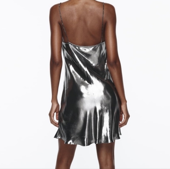 NWT Zara Mettalic Fluid Silver Slip Dress. Size Large - Picture 3 of 7